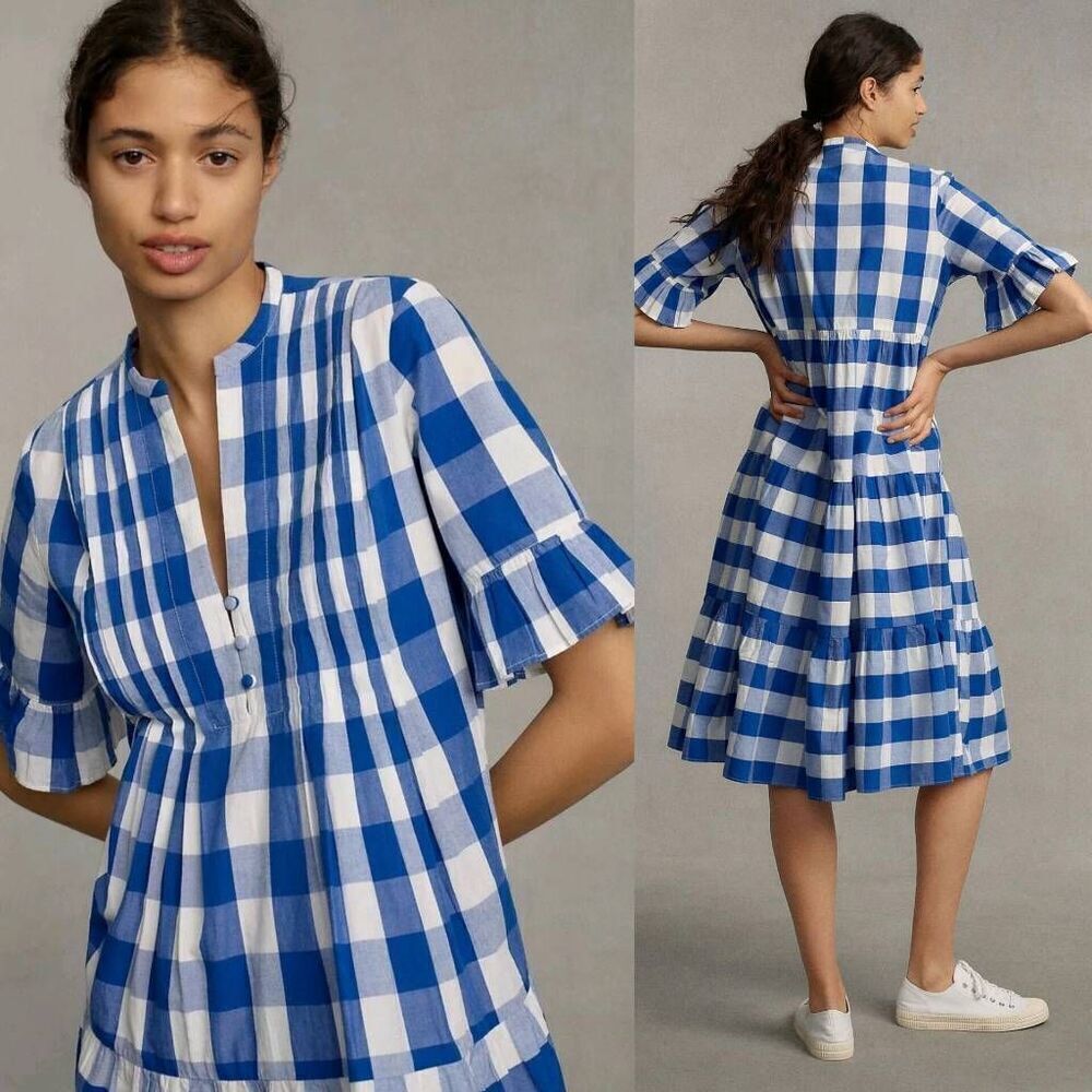 WHIT TWO $228 Anthropologie Gingham Tiered Midi Dress in Blue Motif, Size S